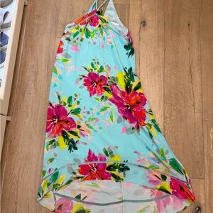 Trina Turk Floral High Low Dress - Aqua and Pink